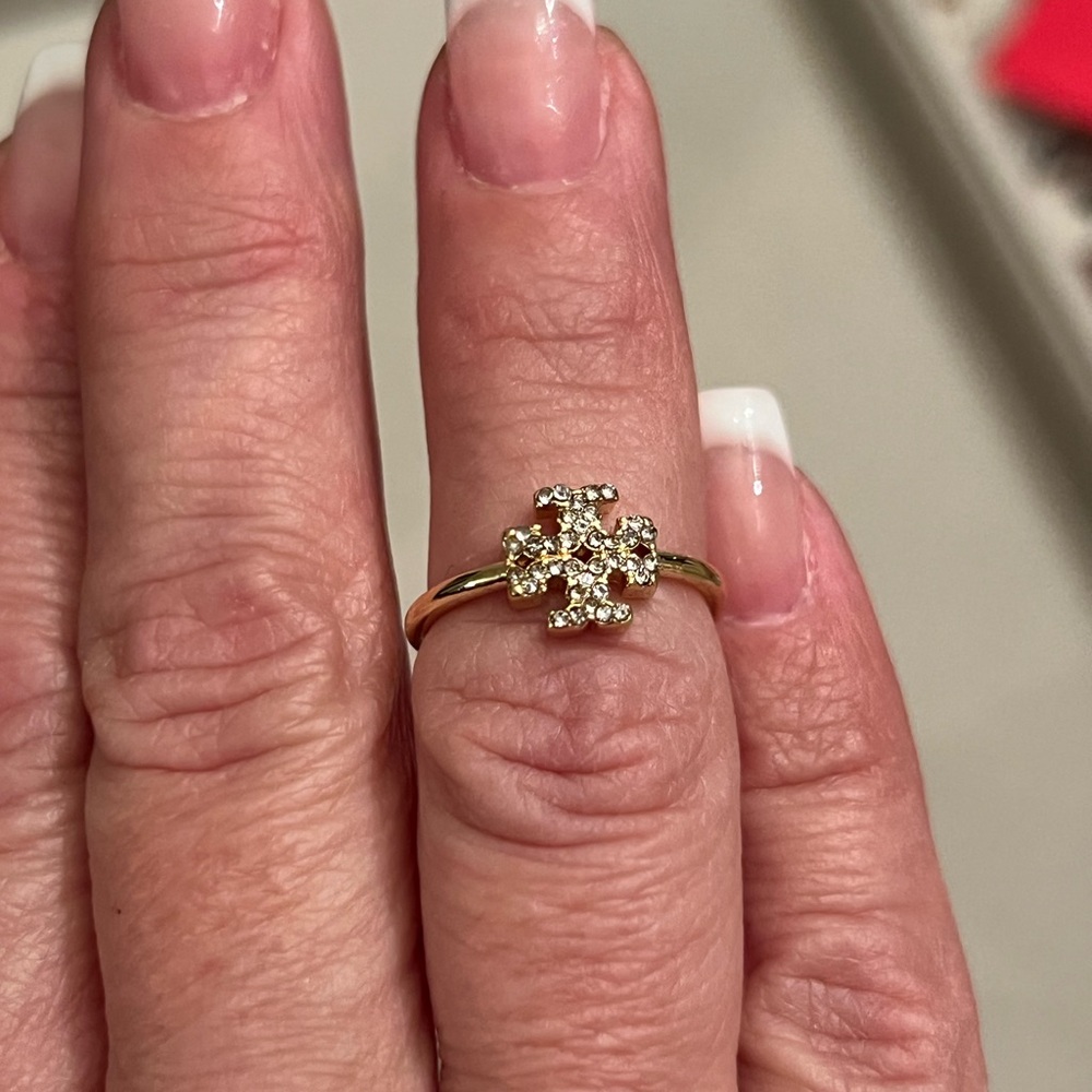 Gold-tone dainty Tory Burch Double T motif and pavé crystals ring